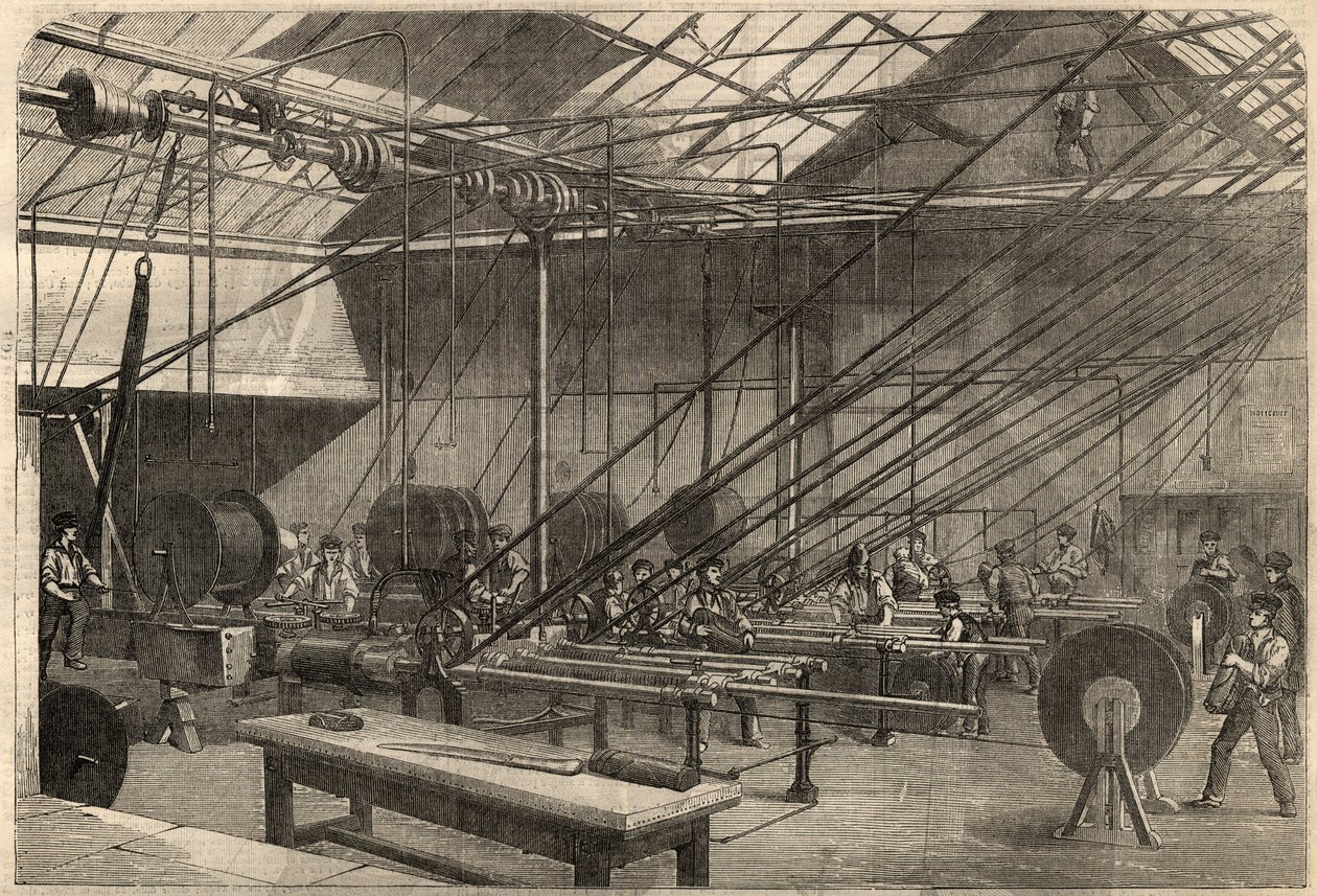 Telegrafia: produkcja kabla transatlantyckiego. Maszyny powlekające kabel gutaperkowy w fabryce Glass, Elliot and Company przy Wharf Road w Londynie w Anglii. Grawerowanie w „The Illustrated London News”” z 14 marca autorstwa Unknown artist