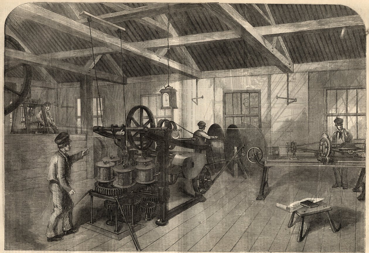 Telegrafia: produkcja kabla transatlantyckiego w zakładzie Glass, Elliot and Company w East Greenwich (Anglia). Grawerowanie w „The Illustrated London News”” z 14 marca autorstwa Unknown artist