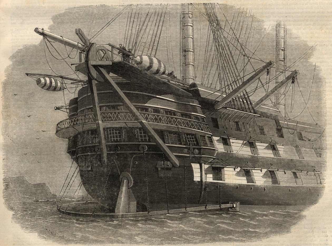 Telegrafia: widok na rufę statku H.M.S. „Agamemnon”, który ułoży pierwszy kabel transatlantycki. Grawerowanie w „The Illustrated London News”” z 5 czerwca autorstwa Unknown artist