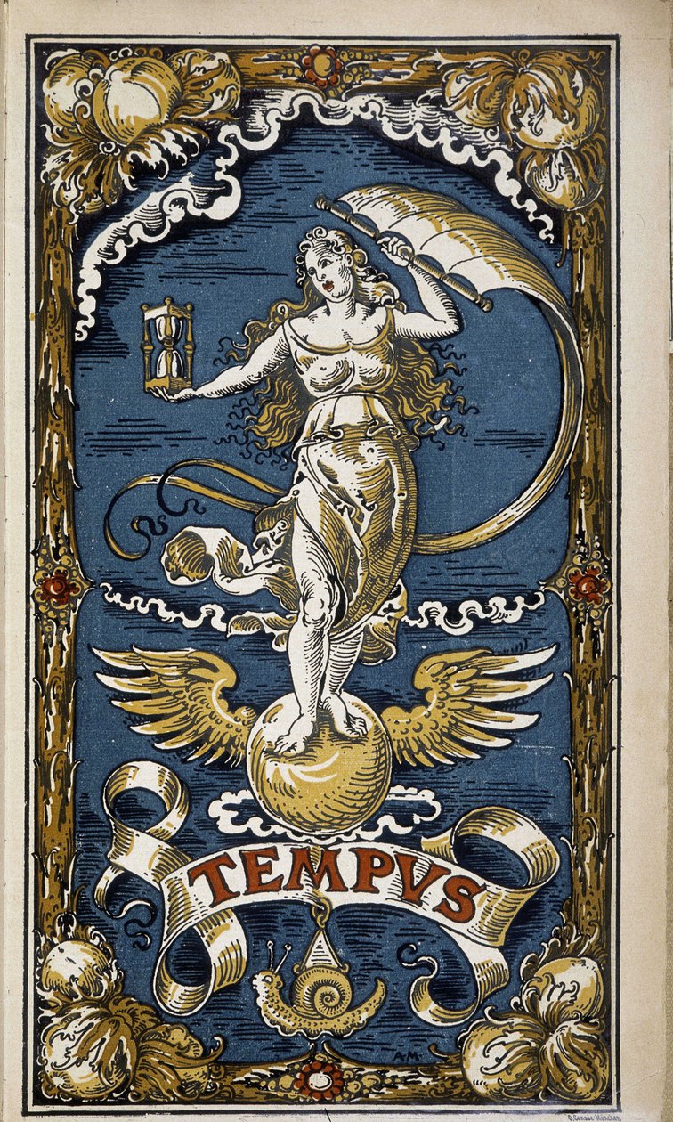 Tempus: alegoria czasu (postać kobieca z klepsydrą, wiatrem, skrzydłami), ilustracja do kalendarza 1889. autorstwa Unknown artist