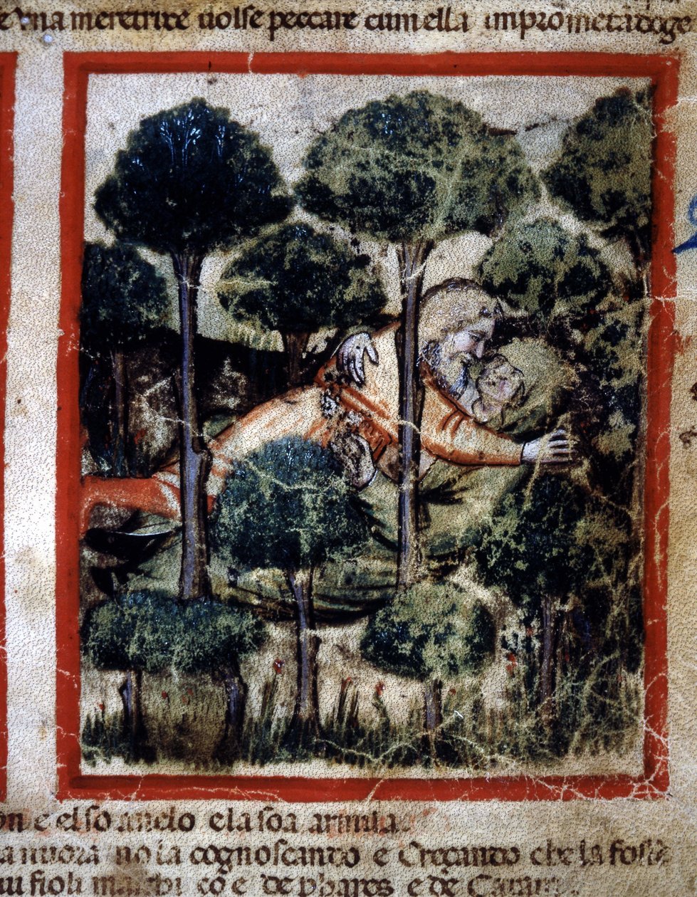 Thamar (Tamar) jest opętany przez Amnona (Ammona)” Miniatura zaczerpnięta z Kodeksu 212 (lub Kodeksu Padewskiego lub Biblii Padwy) 1390-1400 Rovigo, Accademia dei Concordi autorstwa Unknown artist