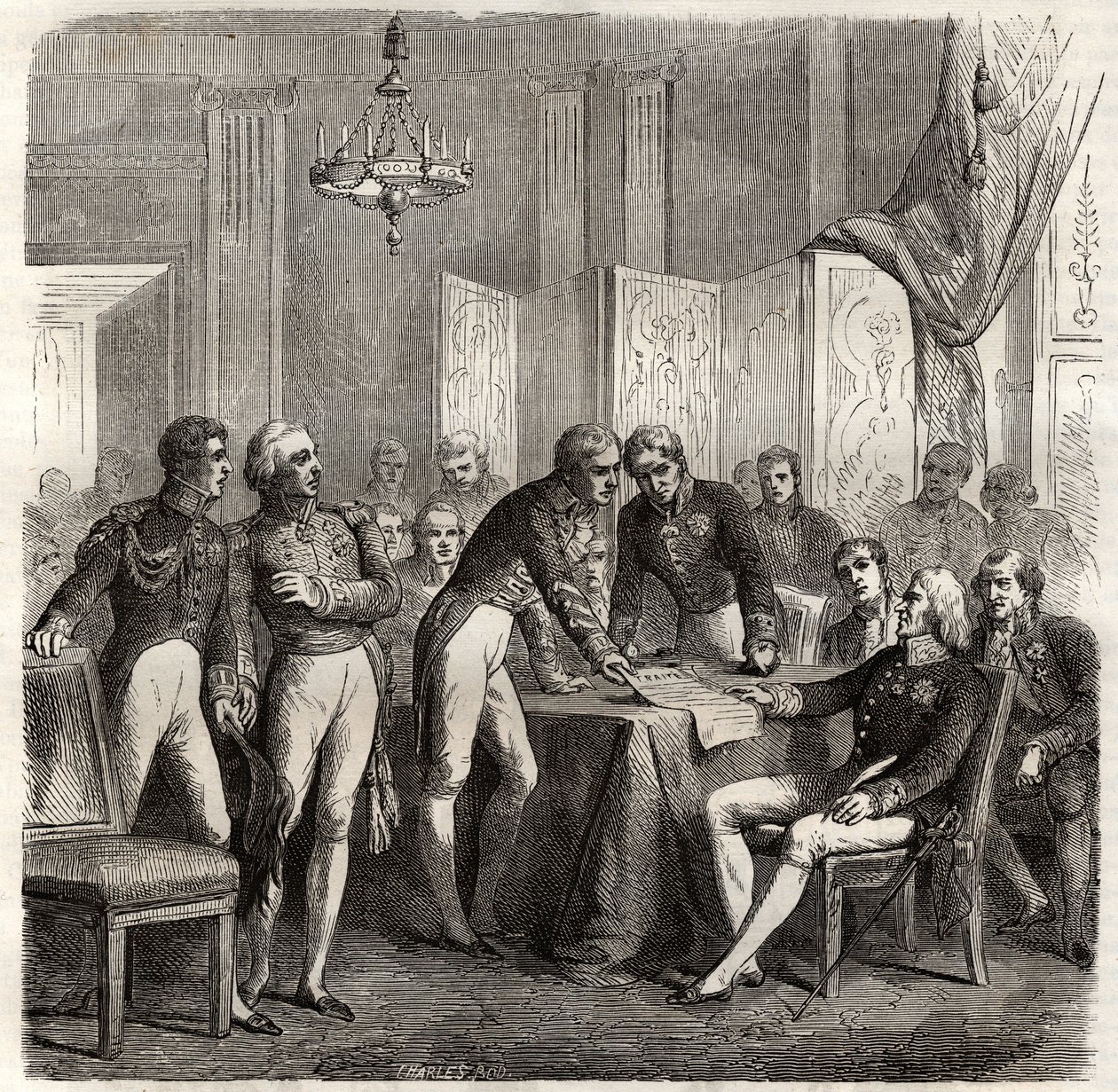 Sojusz z 1834 r. między Wielką Brytanią, Francją, Hiszpanią i Portugalią w celu wyegzekwowania koncesji Evoramonte - W obliczu roszczeń Don Carlosa do hiszpańskiego tronu, Sojusz Czteroosobowy (Charles-Maurice de Talleyrand - Don Manuel Pando-Fernandez autorstwa Unknown artist