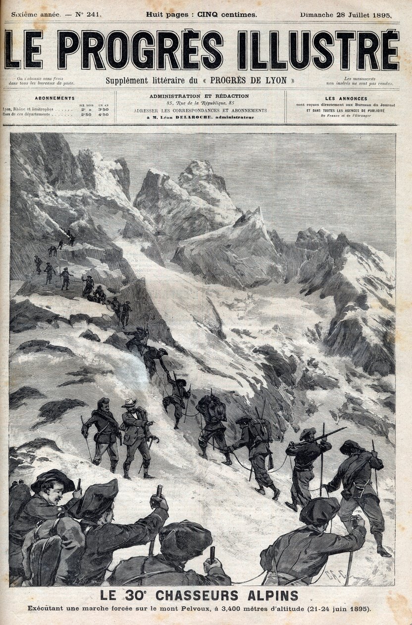 30. alpejskich myśliwych przeprowadzających przymusowy marsz na górę Pelvoux na wysokości 3400 metrów w dniach 21-24 czerwca 1895 r. - rycina w „Le Progres illustrious” z 1895 r. autorstwa Unknown artist