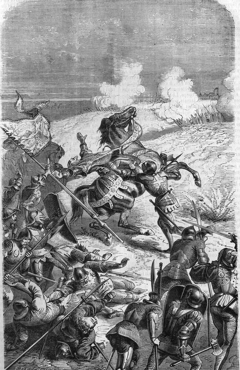75-letni weteran John Talot został odcięty, by poprowadzić ekspedycję liczącą 3000 ludzi, która zjechała z baru w Guyenne 17 października 1452 roku. Rycina przedstawiająca śmierć Talbota w bitwie. Rycina XIX wieku. autorstwa Unknown artist