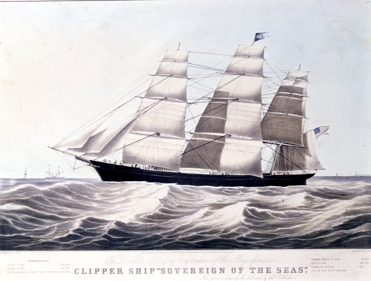 Amerykański kliper Sovereign of the Sea około 1852 roku. Litografia z XIX wieku autorstwa Unknown artist