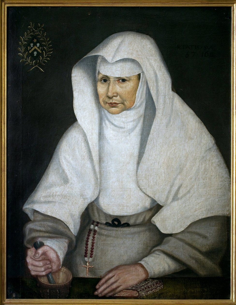 Siostra Aptekarka Pierrette Monnet (1557-1628) z Hotelu Dieu de Beaune. Reprezentowany w moździerzu, a jego tłuczek ma rękę. Anonimowy obraz, olej na płótnie autorstwa Unknown artist