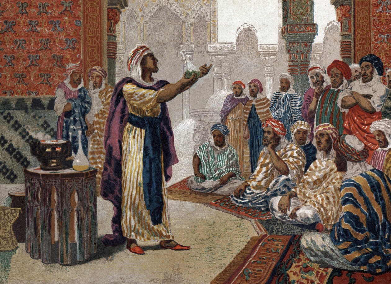 Arabski alchemik Geber (Jâbir ibn Hayyan) (v721-v815), zachwycający chemią. Barcelona 1881 autorstwa Unknown artist