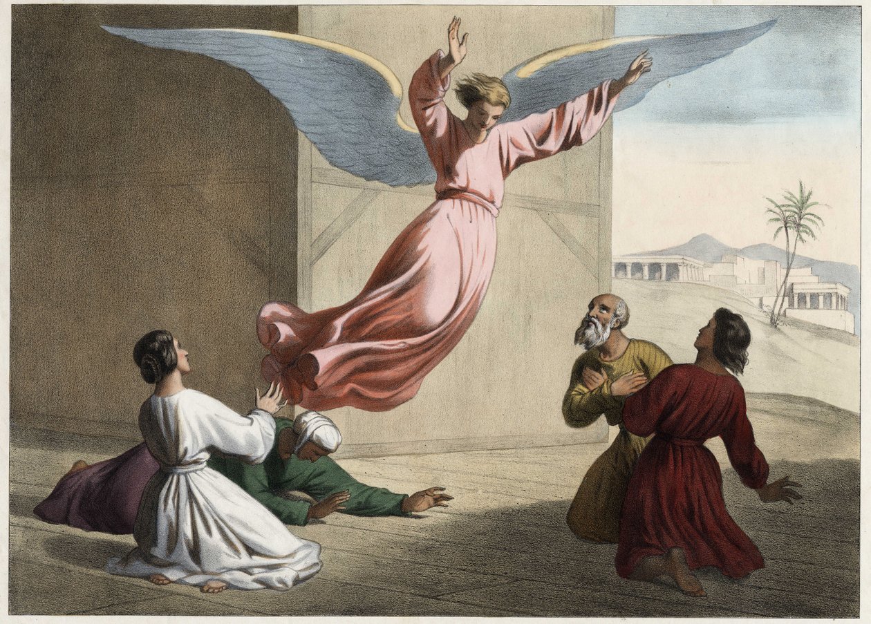 Archanioł Rafał opuszcza rodzinę Tobie. Anonimowy rycina z połowy XIX wieku. autorstwa Unknown artist