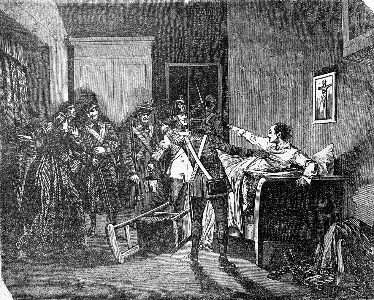 Policja austro-węgierska aresztowała członka tajnego stowarzyszenia politycznego carbonaro (carboneria, przemysł węglowy). Rycina XIX wieku. autorstwa Unknown artist