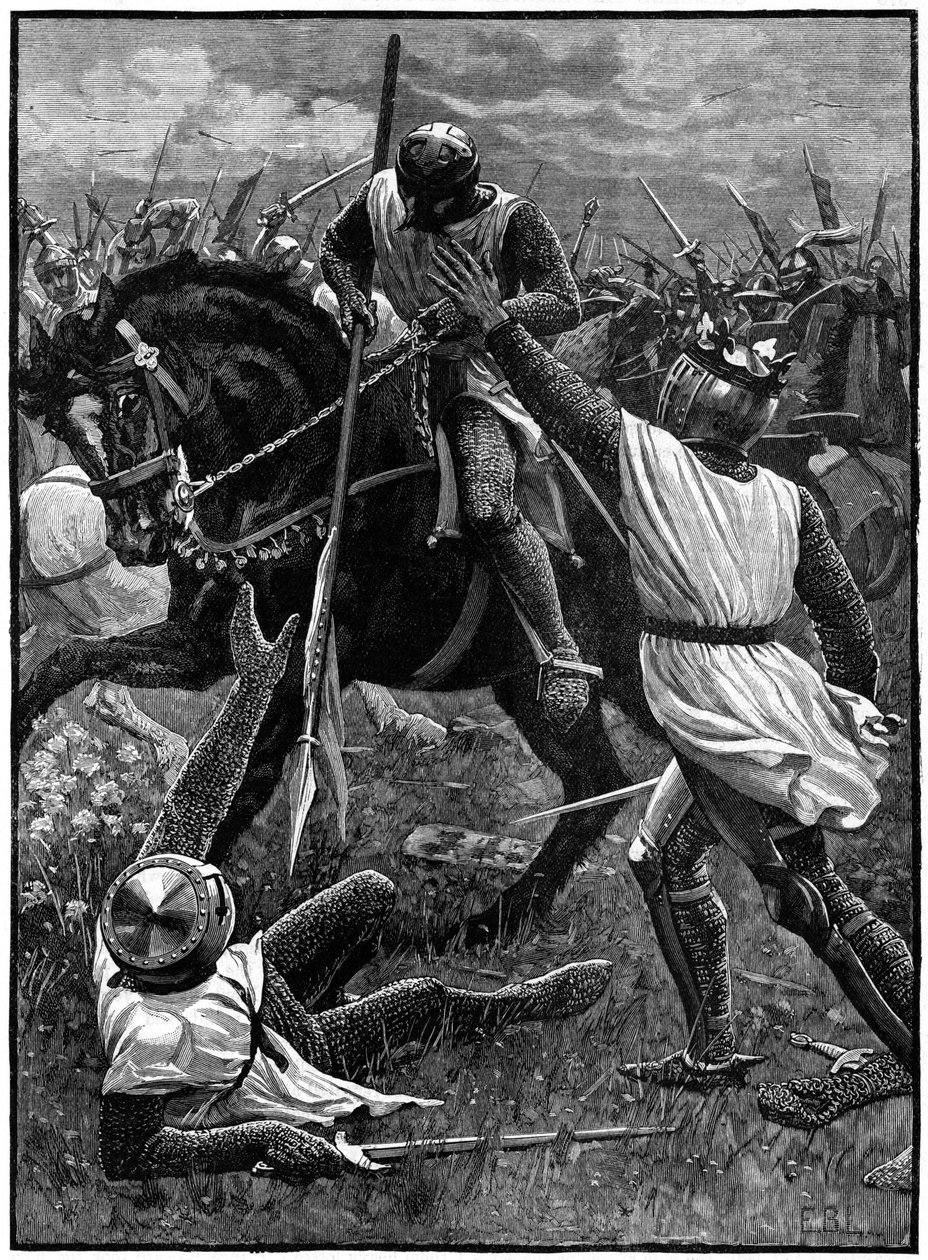 Bitwa pod Evesham, 4 sierpnia 1265. (ok. 1800). Evesham oznaczał koniec drugiej wojny baronów. Siły rojalistyczne dowodzone przez księcia Edwarda (Edwarda I) pokonały Simona de Montfort (ok. 1208-1265), który zginął w bitwie. Tutaj Henryk III (1207-1272),  autorstwa Unknown artist