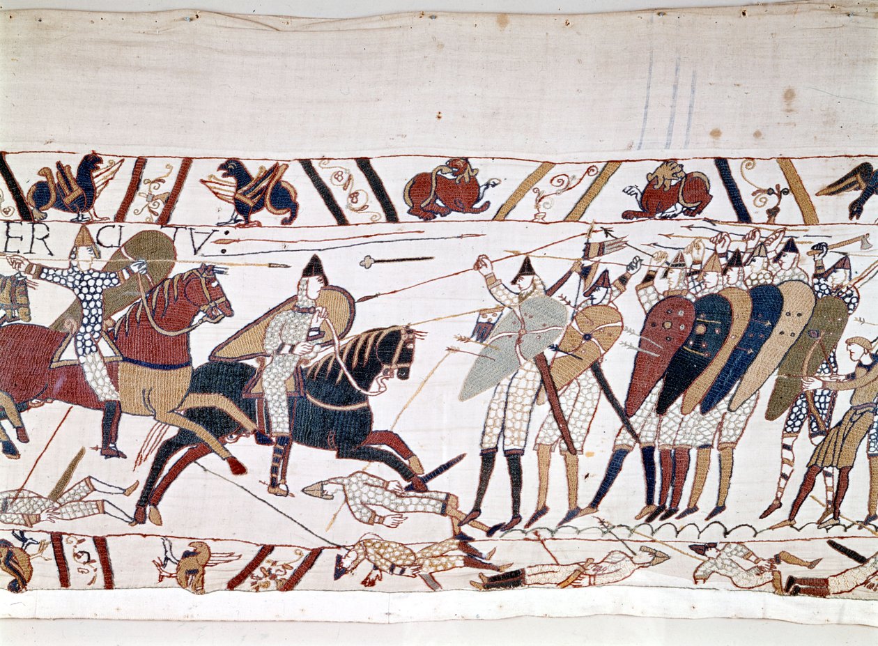 Bitwa pod Hastings, wygrana przez Wilhelma I Zdobywcę (1027-1087) w dniu 14.10.1066 i podczas której zginął król Anglii Harold II (1022-1066). Gobelin z Bayeux, znany jako Haft królowej Matyldy autorstwa Unknown artist