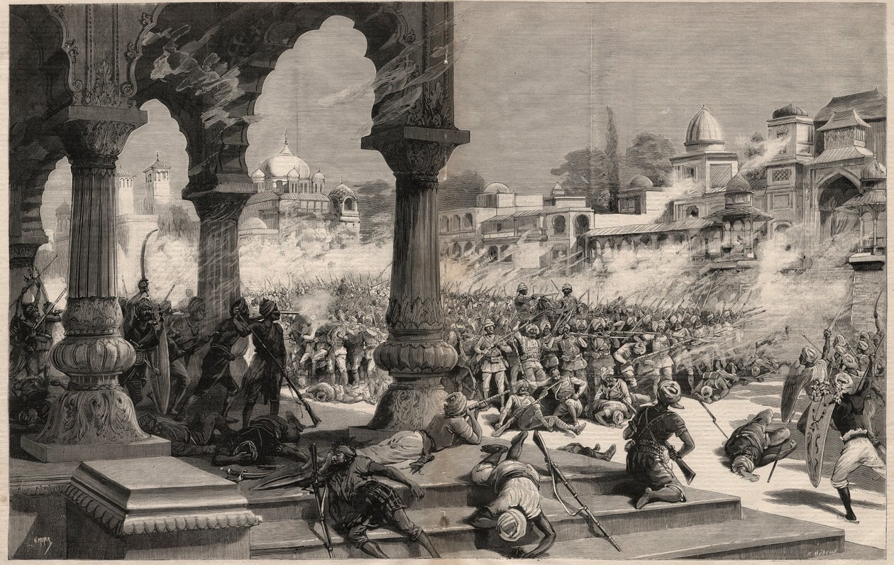 Bitwa pod Manipur - powstania brytyjskich Indian - masakra kolumny około 500 żołnierzy angielskich, wezwanych przez Maharadżaha, którego poddani zbuntowali się w Manipur (terytorium na pograniczu Assamu i Birmy) w Indiach autorstwa Unknown artist