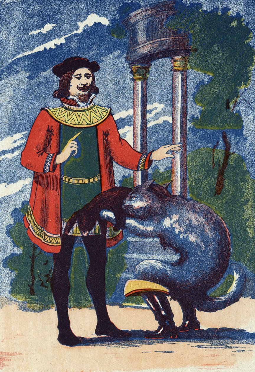 Boot Cat oferuje królowi królika. Ilustracja do „”Le chat Botte””, opowiadania Charlesa Perraulta (1628-1703), francuskiego pisarza. Anonimowa ilustracja. Zdjęcia Marcel Vagne, Jarville Nancy, bez daty (koniec XIX wieku). autorstwa Unknown artist