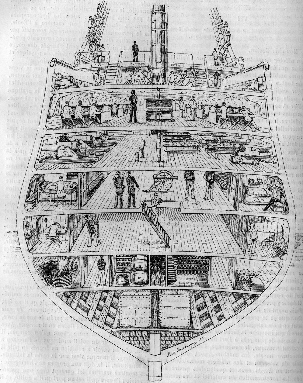 „Borda”: przekrój łodzi. Rysunek autorstwa M.L. de Saussure. Grawerowanie w „Dzienniku młodości”” autorstwa Unknown artist
