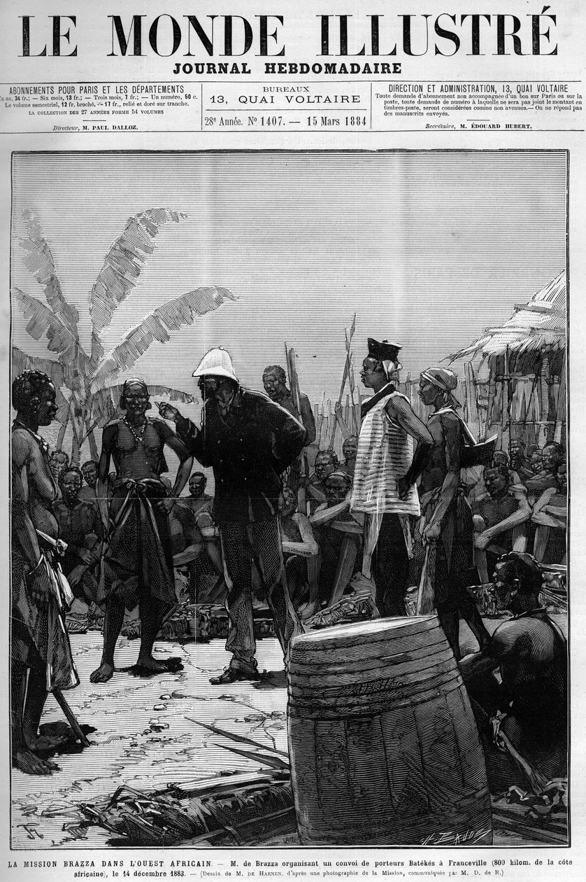 Misja Brazza w Afryce Zachodniej: Pietro Paolo Savorgnan di Brazza lub Pierre Paul Francois Camille Savorgnan de Brazza (1852-1905) organizujący 14 grudnia konwój przewoźników Batekes do Franceville (Gabon) autorstwa Unknown artist