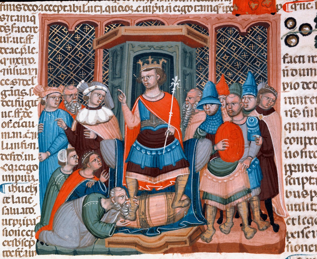 Cesarz Bizancjum Justynian I (482-565) otacza prawników i żołnierzy swojego dworu miniaturowego zaczerpniętych z Kodeksu Justyniana (Codex Justinianus), zbioru praw i instytucji wydanych za czasów cesarza rzymskiego Justyniana I z Bizancjum (483-565) autorstwa Unknown artist