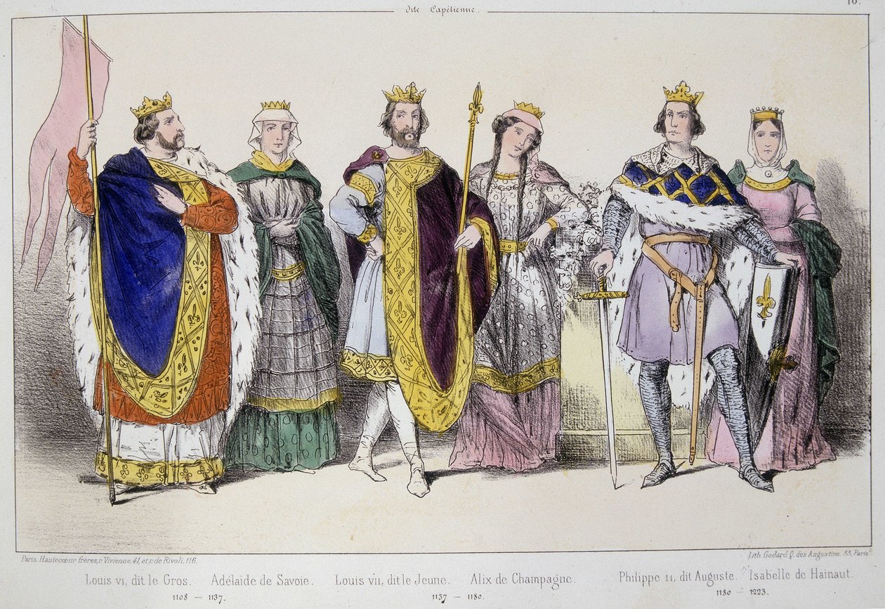 Kapetyjczycy. Od lewej do prawej: Ludwik VI mówi Gros (1081 - 1137), Adelajda lub Alix of Savoy (? -1154), Ludwik VII mówi młodszy (1120 - 1180), Alix of Champagne (1140-1206), Filip II Augusta (1165-1223) i Izabeli Hainaut (1170-1190). autorstwa Unknown artist