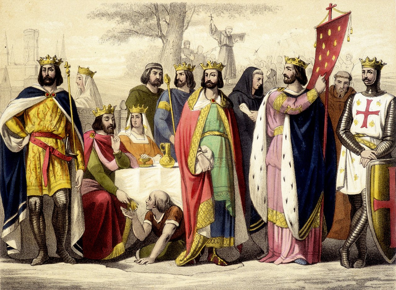 Kapetyjczycy od 987 do 1137. Hugues Capet, Robert 1er Konstancja, Filip 1er, Ludwik VI i Ludwik VII. Rycina XIX wieku. autorstwa Unknown artist