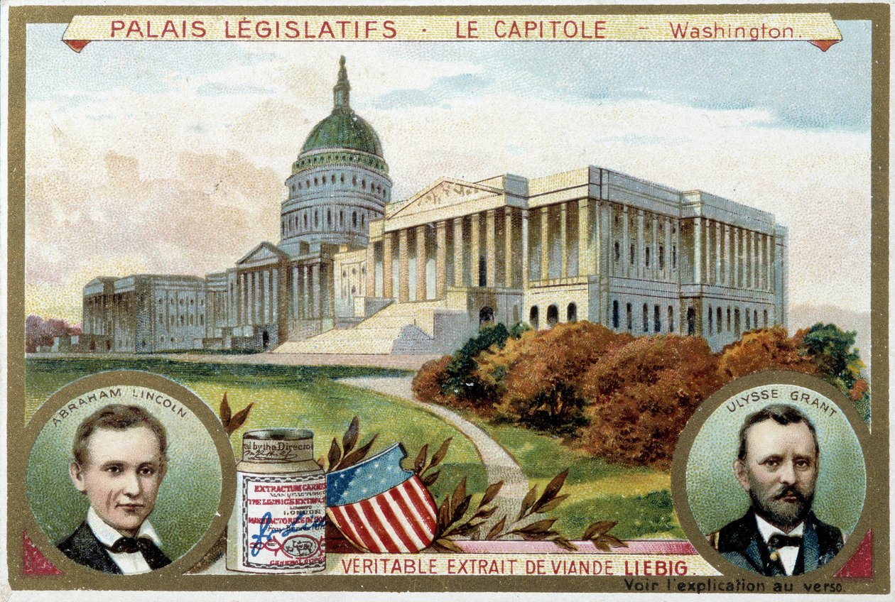 The Capitol, American Congress Palace, Washington (USA), z portretami Abrahama Lincolna (1809-1865) i Ulyssesa Granta (1822-1885) - chromolitografia Liebiga autorstwa Unknown artist