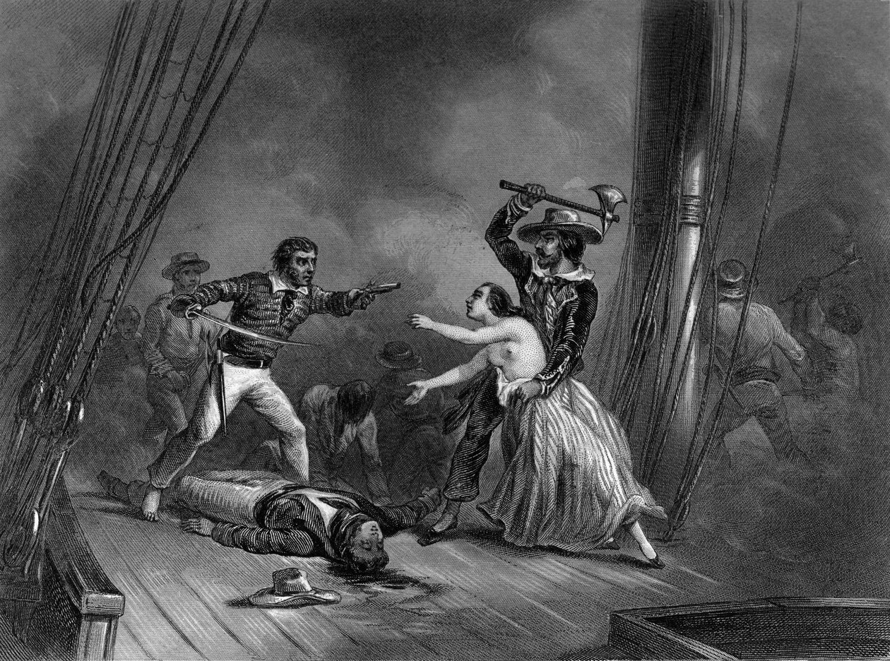 Karaibski pirat Morgan porywa pięknego Hiszpana. w „Ogólnej historii marynarki wojennej” Van Tenac autorstwa Unknown artist