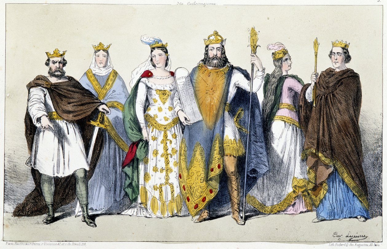 Karolingowie: Pepin the Brief (715-768) i Bertrade z Laon (720-783), Karol I. Karol Wielki (742-814) i Hildegarda z Vintzgau (758-783), Ludwik I Pieux lub Debonnaire (778) -840) i Ermengarde Hesbaye (ok. autorstwa Unknown artist