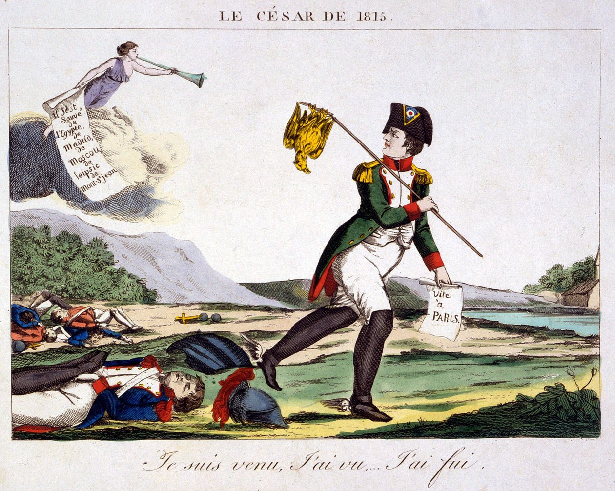 Cezar 1815 - Przyjechałem, zobaczyłem... Uciekłem. Karykatura o Napoleonie I uciekającym z pola bitwy, na którym leżą martwi francuscy żołnierze. Grawerowanie 1815 - Napoleon Bonaparte (15 sierpnia 1769 ¿ 5 maja 1821) był francuskim przywódcą wojskowym i p autorstwa Unknown artist