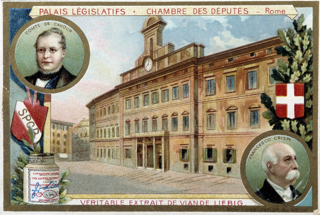 Izba Deputowanych w Rzymie (Włochy), z portretami hrabiego Camilla Benso de Cavour (1810-1861) i Francesco Crispi (1819-1901) - chromolitografia Liebiga autorstwa Unknown artist