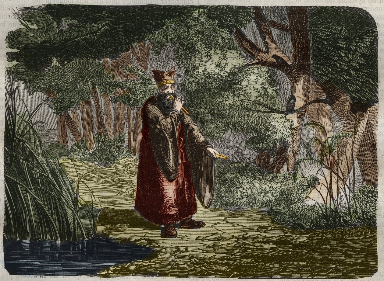 Chiński Ling Mon (Ling-lun) (Lihng-lewn) odkrywa strojenie, dmuchając w łodygę bambusa. 27 wieku pne. Grawerunek z 1859 roku w „Le Musee Des Sciences”” autorstwa Unknown artist