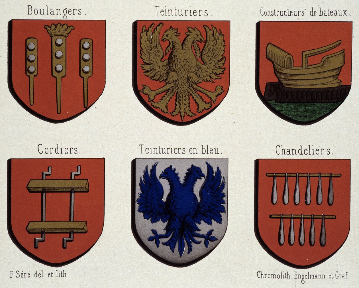 Herby Gandawy (próbka herbów średniowiecza): piekarze, farbiarze, budowniczowie łodzi, kordiery, niebieskie farbiarki, żyrandole autorstwa Unknown artist