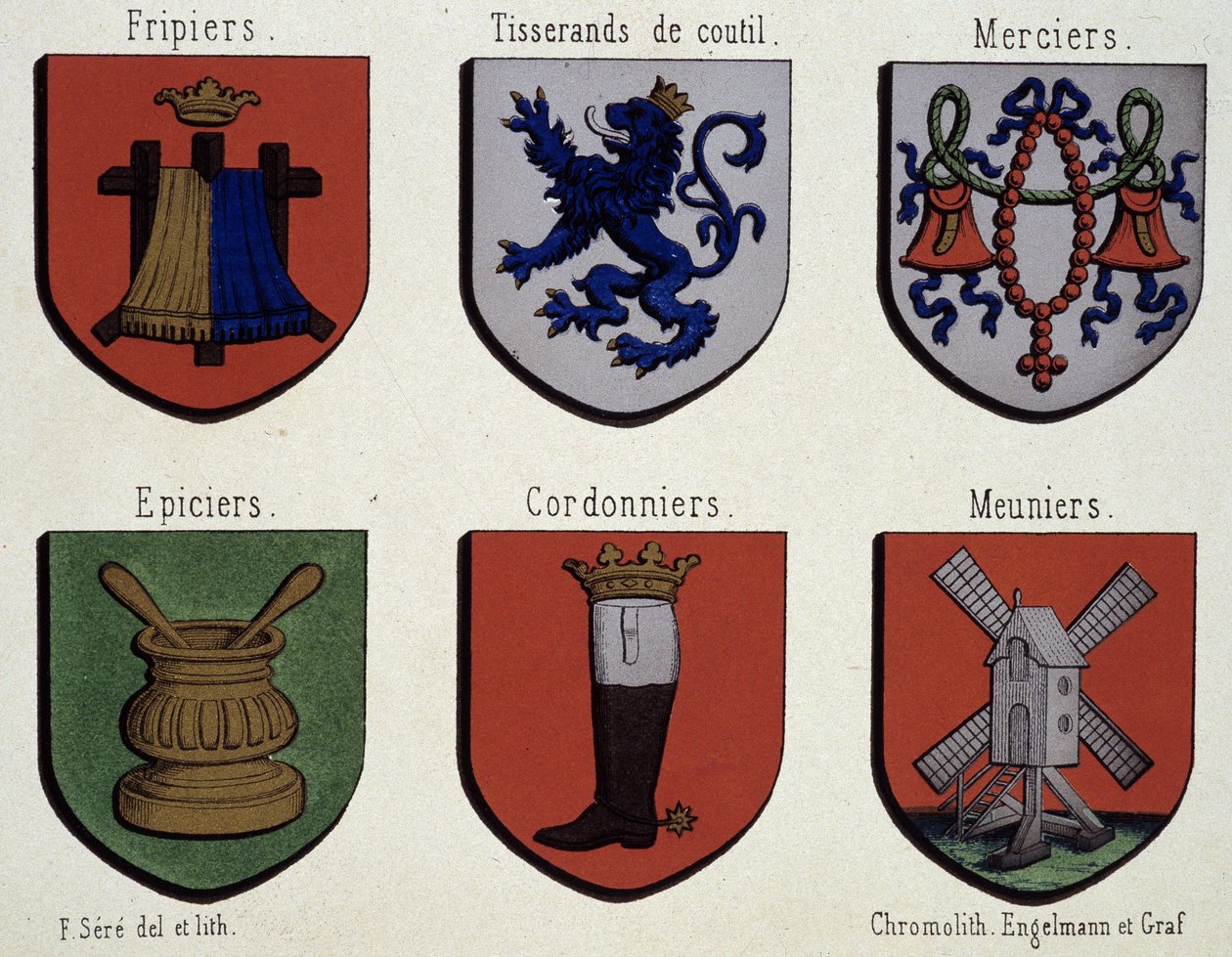Herby Gandawy (wzór herbów średniowiecza): Fribrriers, Cusserands, Merciers, Shoper, Shoemakers, Meuniers autorstwa Unknown artist