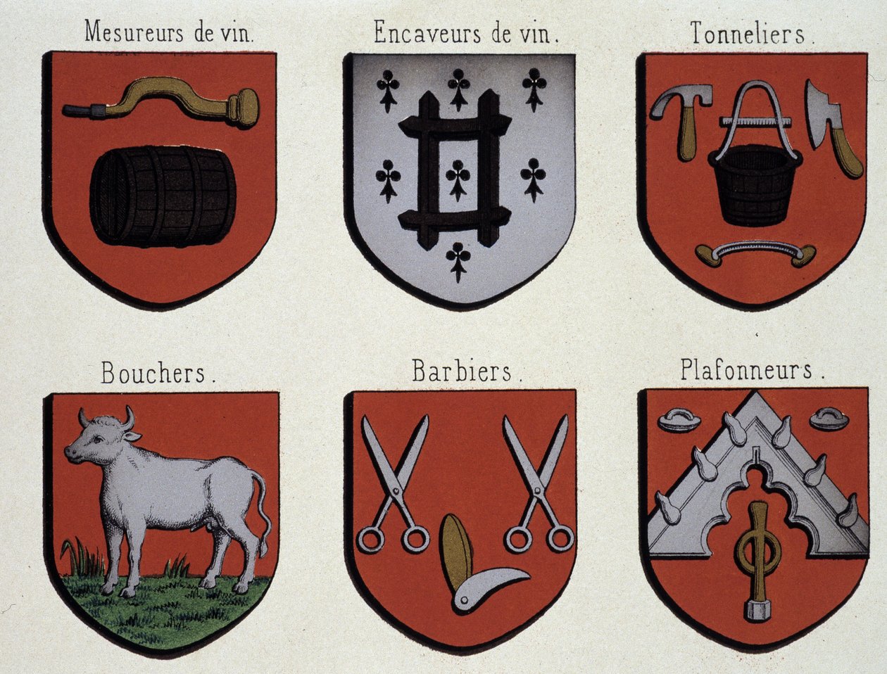 Herby Gandawy (wzór herbów średniowiecza): miarki do wina, grotołazi na wino, bednarze, rzeźnicy, fryzjerzy, sufity autorstwa Unknown artist