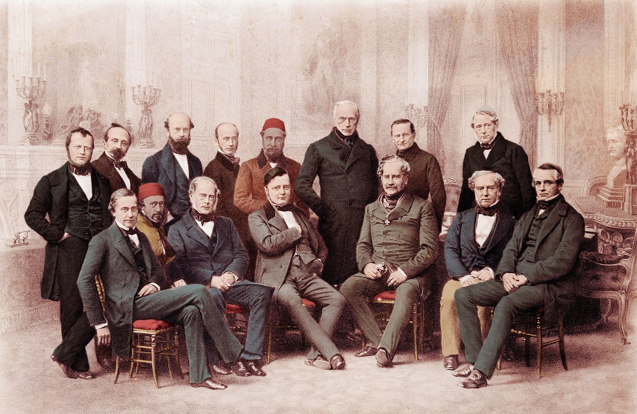 Kongres Paryski był konferencją pokojową, która odbyła się w Paryżu we Francji w 1856 r. pomiędzy przedstawicielami wielkich mocarstw w Europie, aby zawrzeć pokój po prawie trzyletniej wojnie krymsko-krymskiej (1853-1856): legaci reprezentujący poszczególn autorstwa Unknown artist
