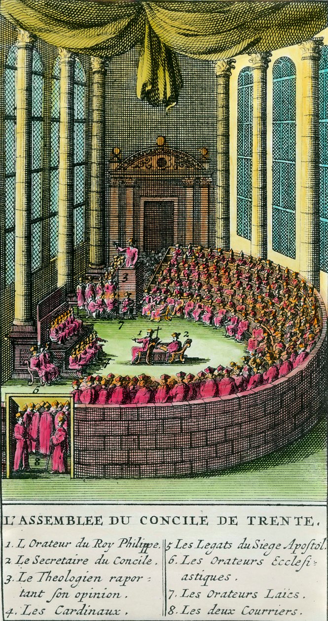Sobór Trydencki. Ilustracja z opisem członków obecnych na zgromadzeniu. Sobór Trydencki został zwołany przez papieża Pawła III (przedstawiciela Kościoła rzymskokatolickiego) w 1545 r. w odpowiedzi na prośby Marcina Lutra w autorstwa Unknown artist