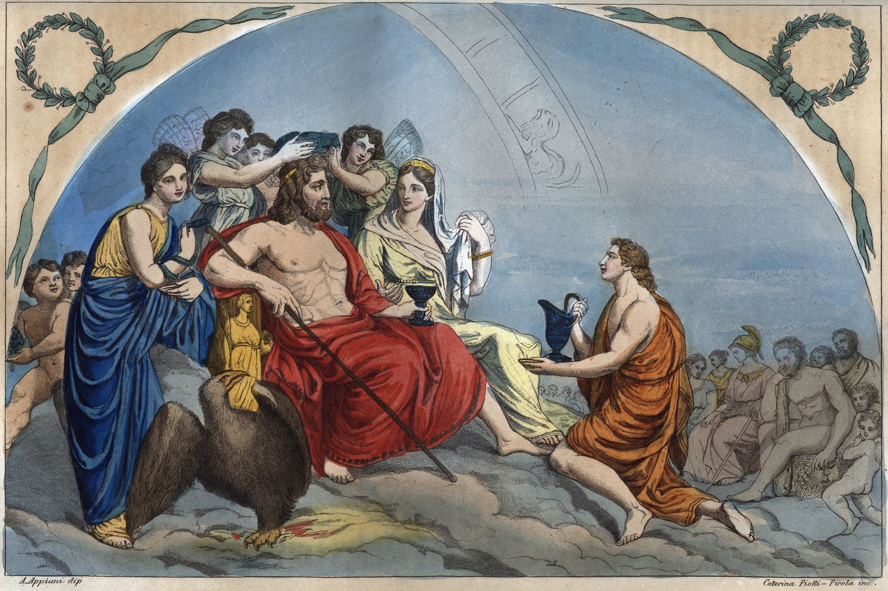 Rada Bogów (lub Zgromadzenie Bogów): Zeus na Olimpu otacza bóstwa - grawerunek Olimpu z „” Zwyczajów Wszystkich Ludów Wszechświata. To jest historia rządu, praw, milicji, religii wszystkich narodów d autorstwa Unknown artist
