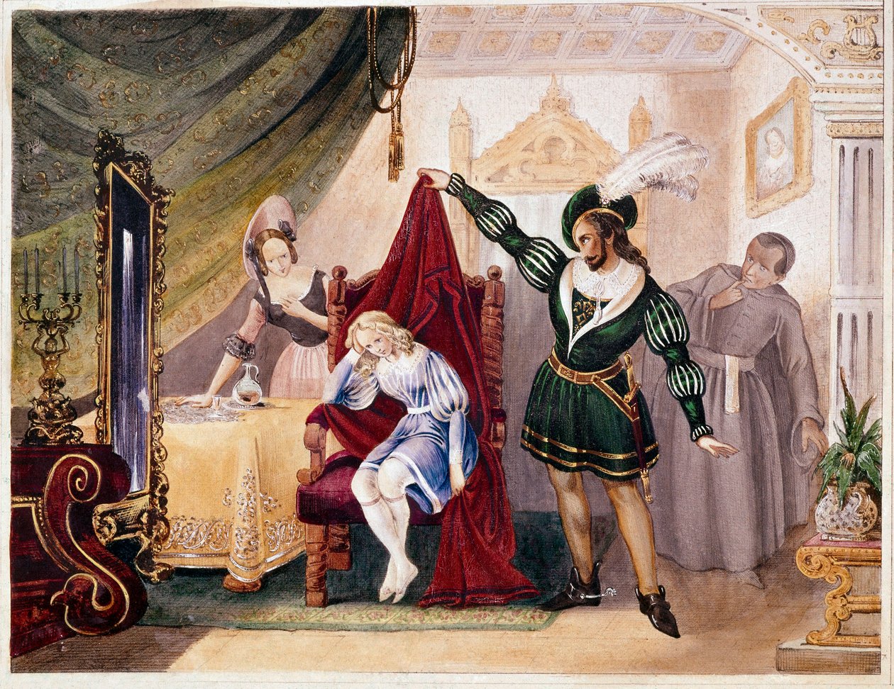 Hrabia posuwał się do Suzanne, podczas gdy Cherubin był ukryty na krześle, z Wesela Figara Mozarta (rycina) autorstwa Unknown artist