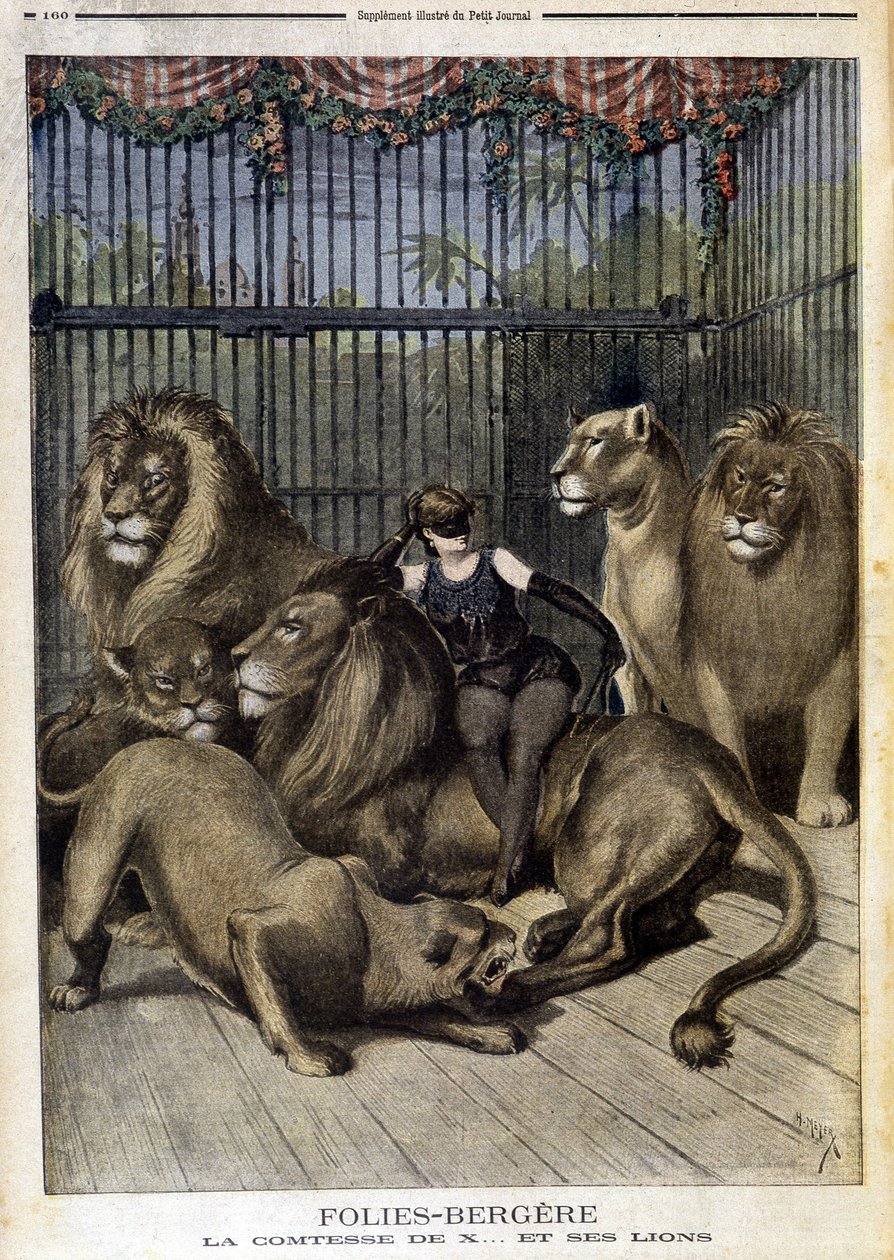 Hrabina X... i jej lwy na wystawie w Folies Bergères w Paryżu. W Le petit Journal z dnia 19.05.1895. autorstwa Unknown artist