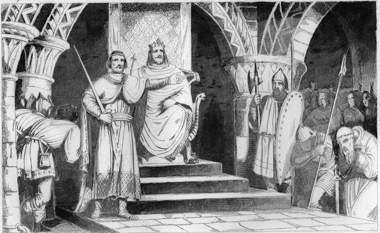 Koronacja Chilperika II (670-721) - Chilperic II (670-721) umieszcza na tronie Rainfroi (Ragenfred) (burmistrz Neustrie Palace) w 715 r. - Rycina z 1825 r. w „Histoire de France reprezentowana przez obrazy synoptyczne oddaj się dzieciom Fra autorstwa Unknown artist