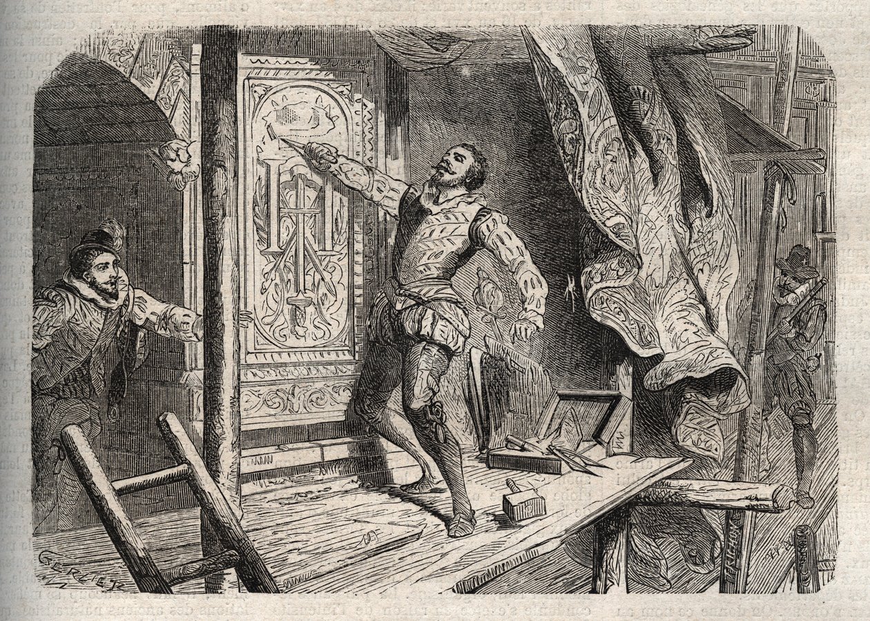 Śmierć Jeana Goujona (1510-1562 lub 1569), zmarłego według legendy w 1572 r., w czasie św. Barthelemy - rycina w „Dictionnaire populaire illustrious”” - 1864 r. - Joseph Decembre i Edmond Allonier - autorstwa Unknown artist