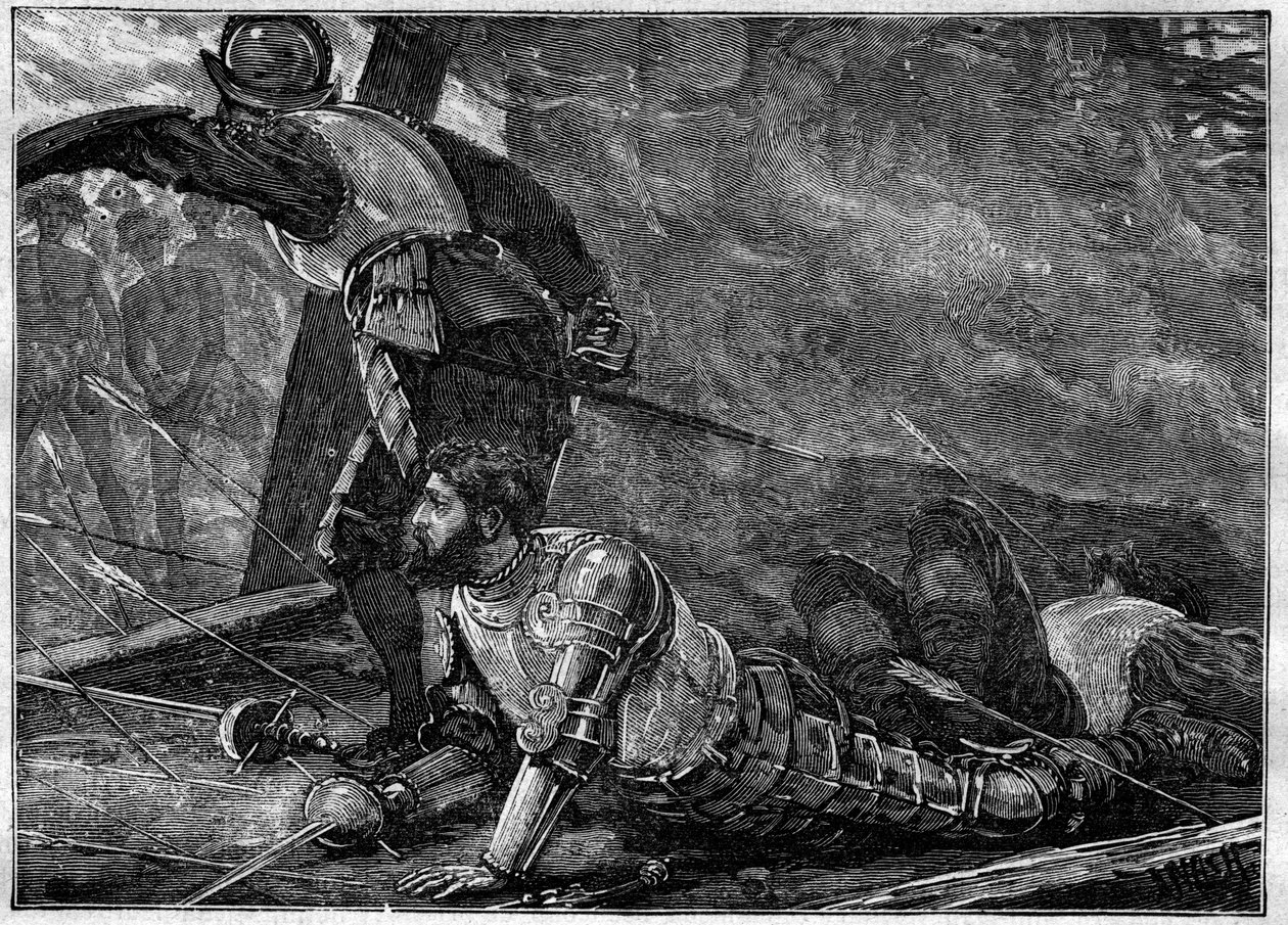 Śmierć Juana z La Cosa - Śmierć Juana de la Cosa (1460-1510) kartografa, konkwistadora i hiszpańskiego odkrywcy w Cartagena, Kolumbia - rycina z 1887 roku autorstwa Unknown artist