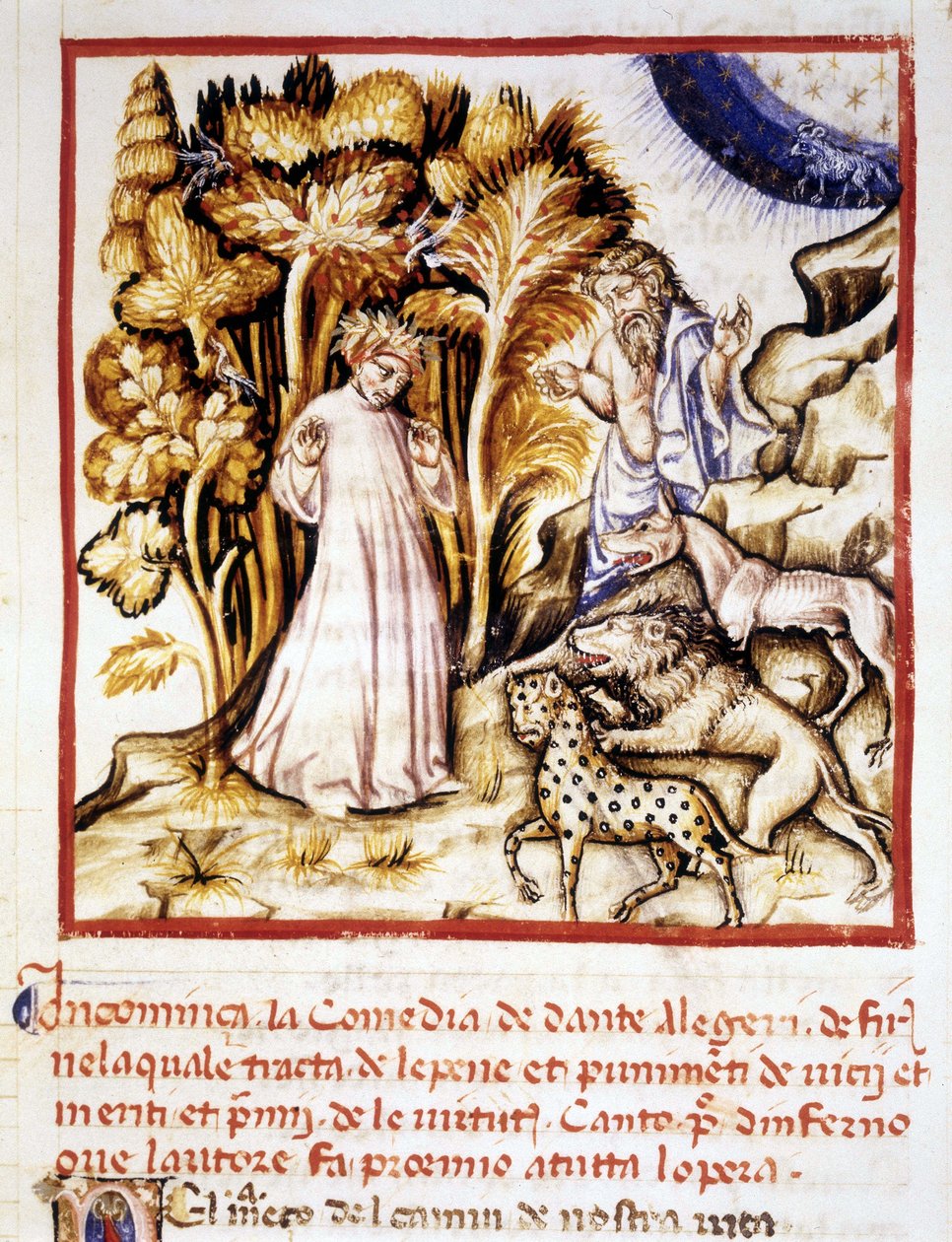 Boska komedia Dantego Alighieri. Miniatura przedstawiająca Dantego, Wergiliusza i trzy bestie. Rękopis z XIV wieku. Biblia Miejska z Rimini. autorstwa Unknown artist