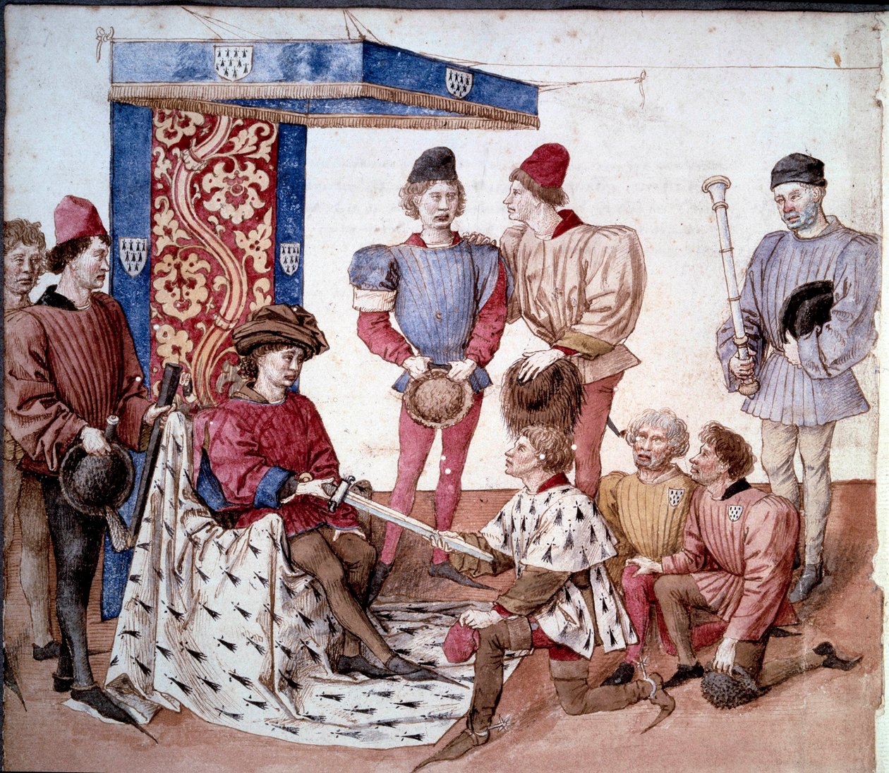 Książę Bretanii przedstawia swój miecz królom broni Miniatura zaczerpnięta z „”Księgi turniejów króla Rene Anjou (Rene I Neapolitańskiego) (1409-1480)” 1460 wokół Paryża, B.N. autorstwa Unknown artist