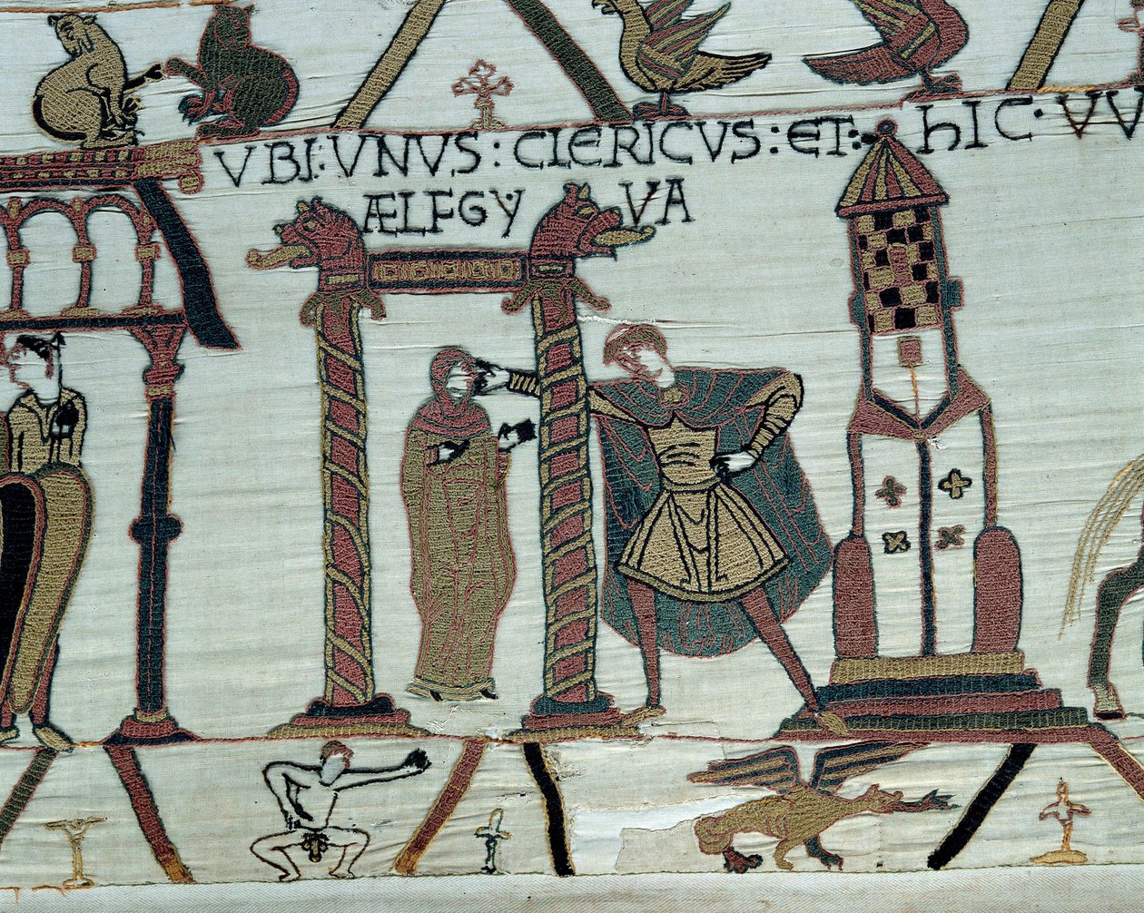 Książę Normandii Wilhelm Zdobywca (1027-1087) obiecuje Haroldowi w małżeństwie swoją córkę Aelfgyve. Lewy dolny obraz przedstawia nagiego mężczyznę. Detal gobelinu z Bayeux lub haftu królowej Matyldy autorstwa Unknown artist