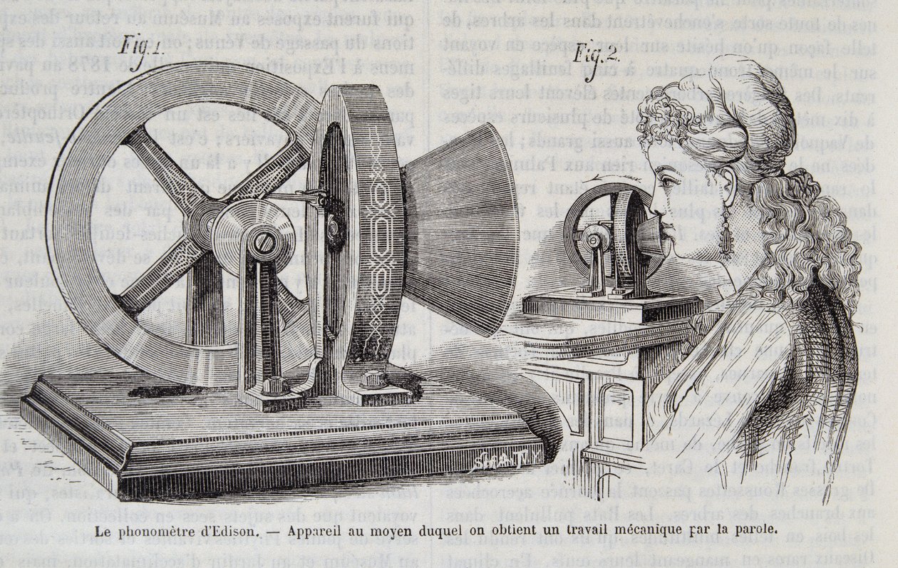 Fonometr Edisona - urządzenie, za pomocą którego uzyskuje się pracę mechaniczną poprzez mowę w „Naturze” 1878. autorstwa Unknown artist