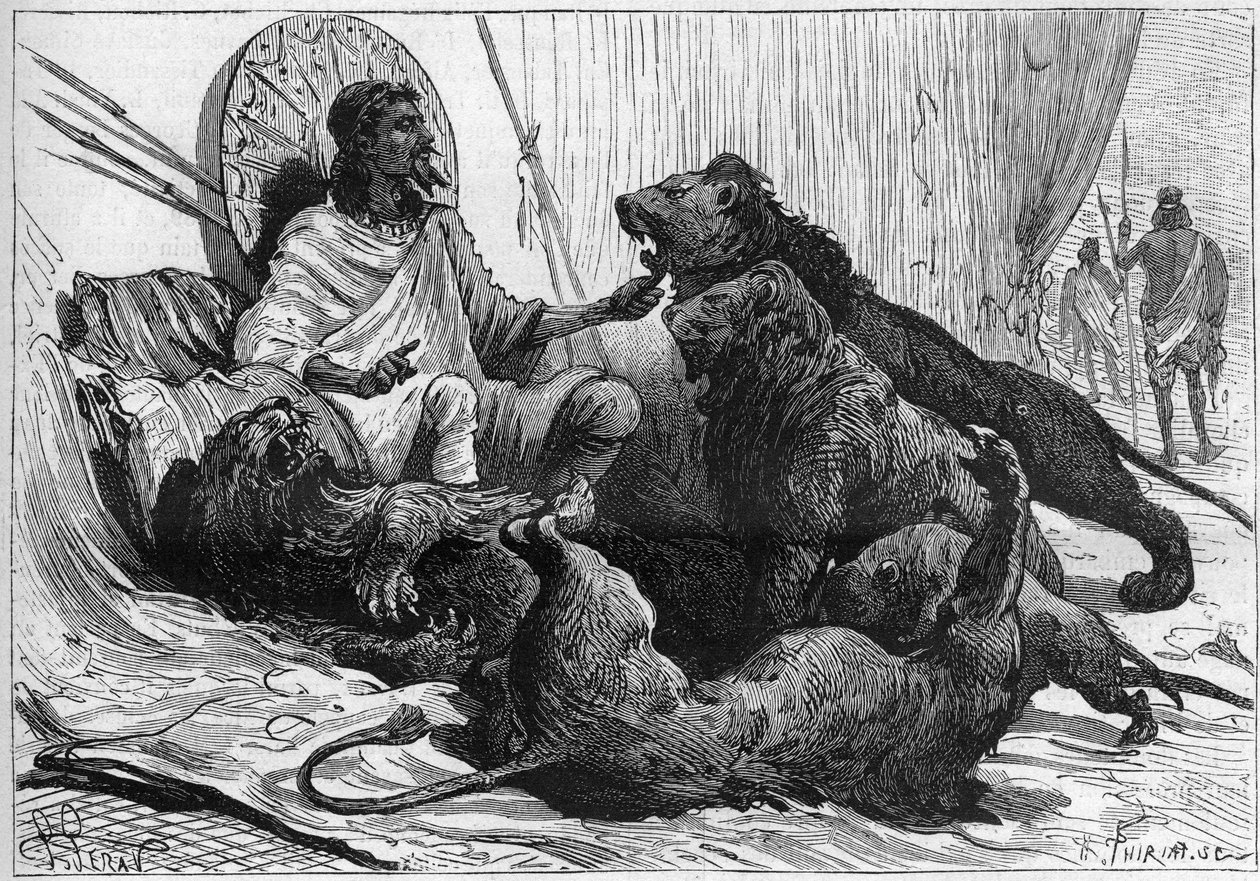 Cesarz (ras) Theodoros z Abisynii otacza swoje lwy. W „Nature” z 1888 r. autorstwa Unknown artist