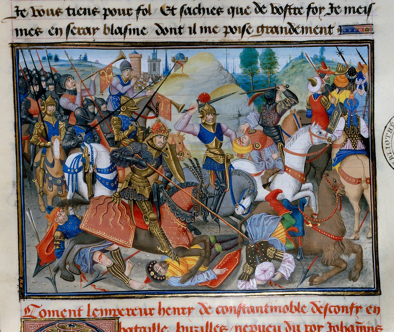 Cesarz Konstantynopola Henryk I Flandrii Hainaut (1177-1216) podczas bitwy. Miniatura z „”Kronika abregee”” Davida Aubert autorstwa Unknown artist