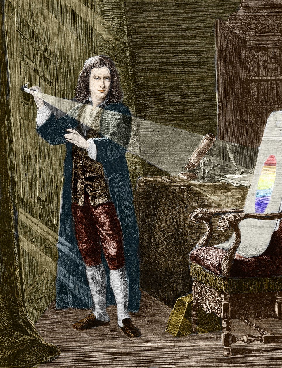 Angielski fizyk Isaac Newton (1642-1727) rozkładający światło za pomocą szklanego pryzmatu. Grawerowanie z 1880 roku. autorstwa Unknown artist