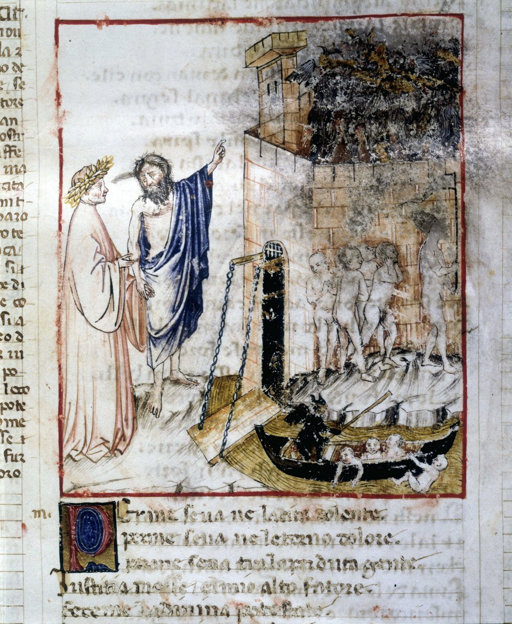 Wejście do podziemi - w „Boskiej komedii” Dantego Alighieri, miniatura XIV-wiecznego rękopisu, Biblia. Gmina Rimini. autorstwa Unknown artist