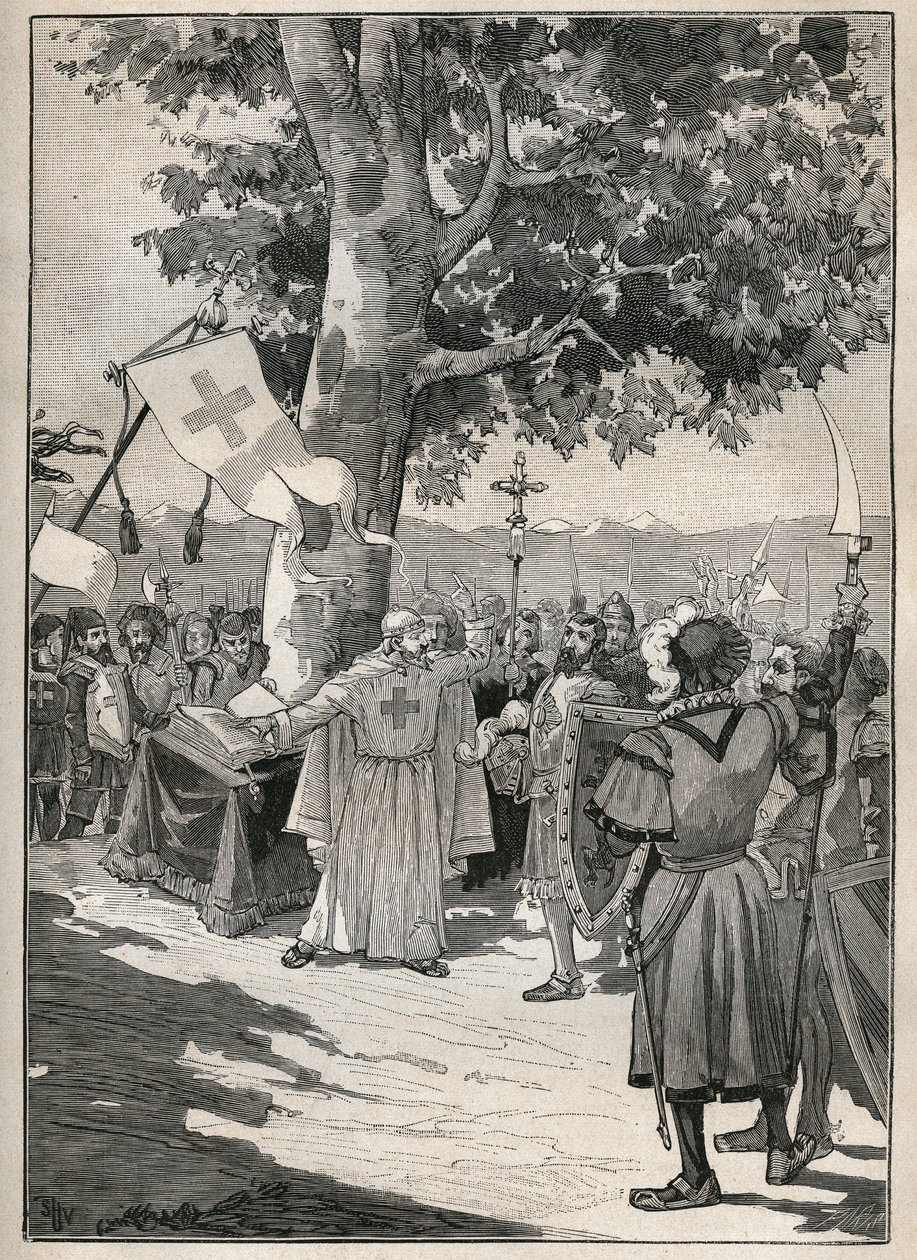 Erable of Tons w Szwajcarii, u podnóża którego Abbe of Dissentis, hrabiowie Saksonii i Werdenbergu oraz baron Razuns zaprzysiągł w 1424 roku Górną Ligę lub Ligę Gryzonia, która przygotowała helwecką niepodległość. Grawerowanie od 1885 w autorstwa Unknown artist