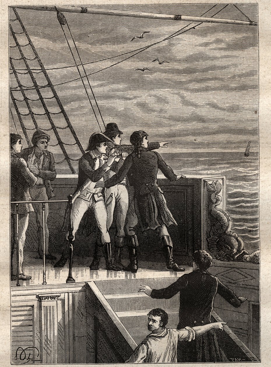 Wyprawa na Ziemie Południowe (1800-1803) Nicolasa Baudina (1754-1803): marynarze z Nowej Holandii (Australia) zgłaszają zasłonę na horyzoncie - ilustracja zaczerpnięta z „Wielkich Marynarzy XVIII wieku” autorstwa Unknown artist