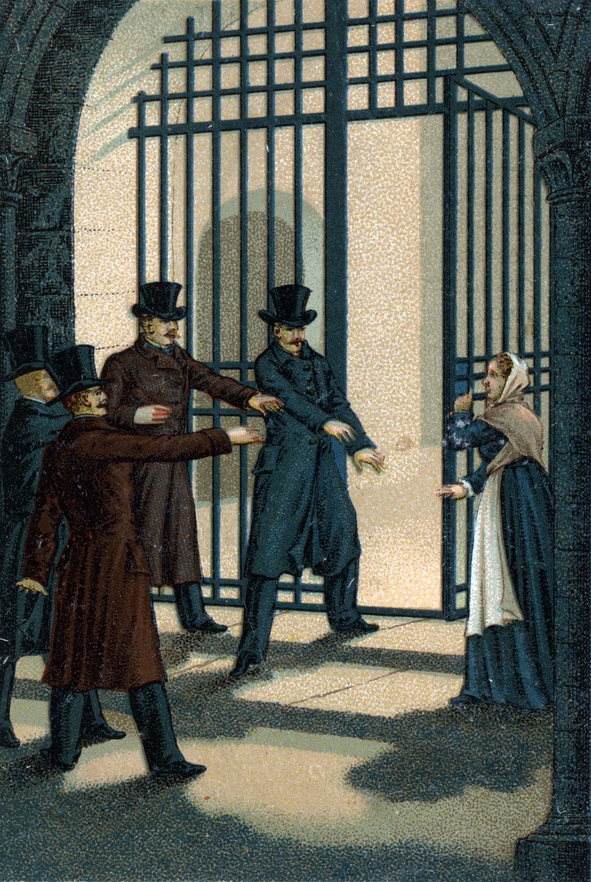 Czterech sierżantów (Bories, Pomier, Raoulx i Goudin) z La Rochelle oskarżonych w ramach Restauracji o chęć obalenia monarchii i gilotyn w 1822 roku. Ich zbrodnią jest przynależność do Charbonnerie (Carboneria). autorstwa Unknown artist